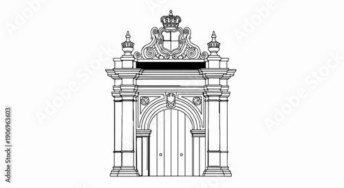 Ornate architectural gateway with a crown and coat of arms above double doors