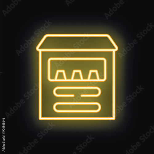 Yellow glowing neon sign representing a vending machine full of snacks, on a black background