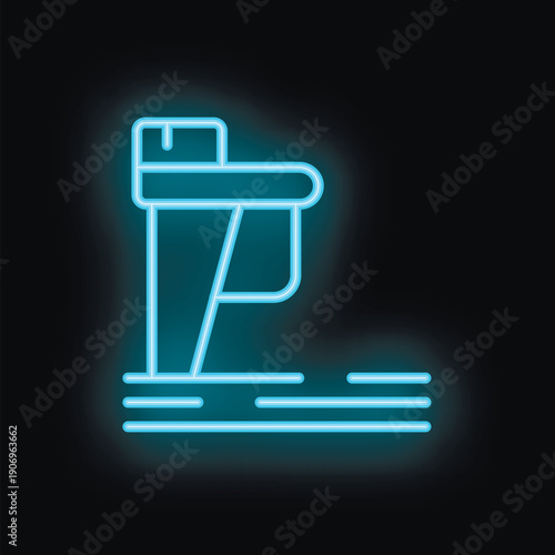 Vibrant turquoise neon outline of a diving platform, casting a cool glow against a dark background