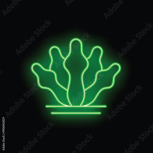 Green neon sign showing seaweed growing up from the bottom on black background