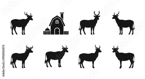 Deer Silhouettes and Barn Illustration.