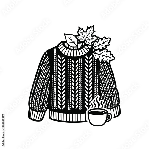 Cozy Fall Sweater with Autumn Leaves and Coffee