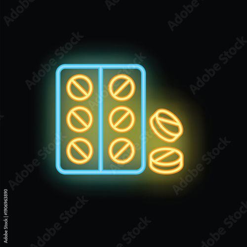 Glowing neon sign depicting a blister pack with pills falling out, symbolizing medication, healthcare, and pharmaceutical industry