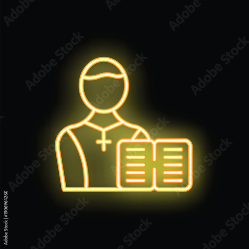 Yellow neon sign of a priest wearing a crucifix and holding an open book