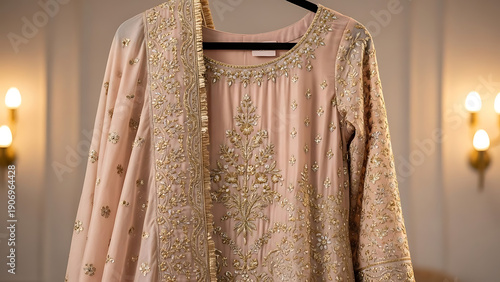 Traditional Peach Indian Bridal Anarkali Suit with Heavy Gold Zardozi Embroidery Hanging on a Black Hanger