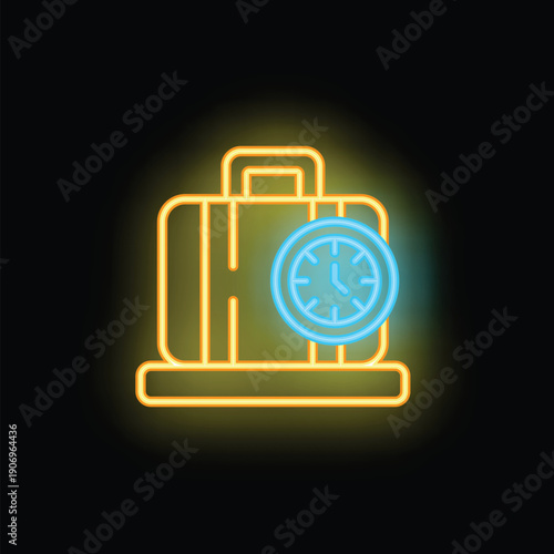 Neon suitcase with clock showing time remaining before departure for business trip or vacation