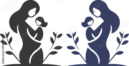 Mother and baby icon set collection with maternity silhouettes, parenting love symbols, pregnancy, childcare, family care moments isolated on white background vector.