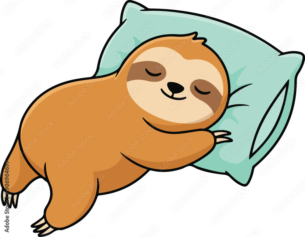 Obraz premium Cute cartoon sloth sleeping peacefully on a soft blue pillow illustration