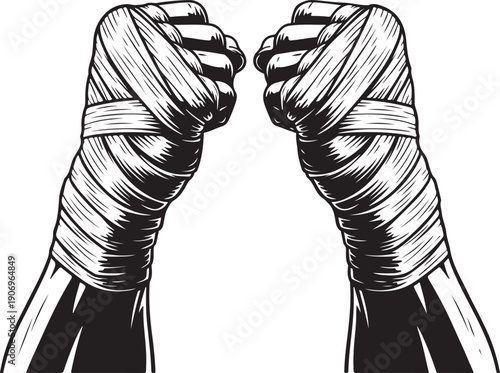 Powerful wrapped fists ready for combat in a classic black and white illustration style