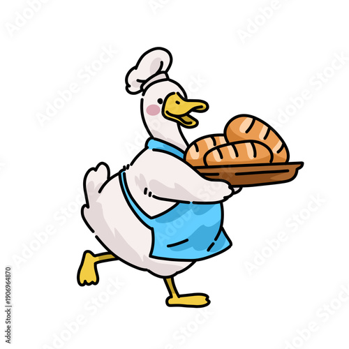 Cheerful duck baker holding fresh bread, colorful cartoon illustration with apron and chef hat, ideal for bakery branding, food graphics, kids designs, and cute stickers.