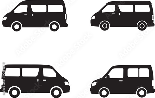 Four black silhouettes of vans in different orientations