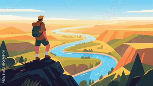 Illustration Of An Adventurer Standing On A Hilltop Looking Down At A Winding River Valley Far Below In The Late Afternoon Light Vector Design Template