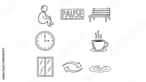 Pause for Reflection: Illustration depicts the value of taking a pause for thoughtful reflection, symbolized by a variety of relevant objects.