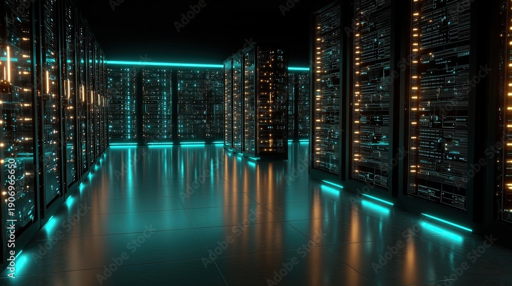 Fototapeta premium Futuristic server room with turquoise and orange LED lighting and glossy floor tiles