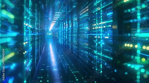 Futuristic financial data stream and digital network flow in high-tech server room (AI Generated)