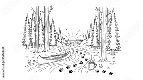 Adventure’s Course: A tranquil canoe adventure scene where a lone canoe drifts peacefully down a winding river, leaving behind a trail of footprints.