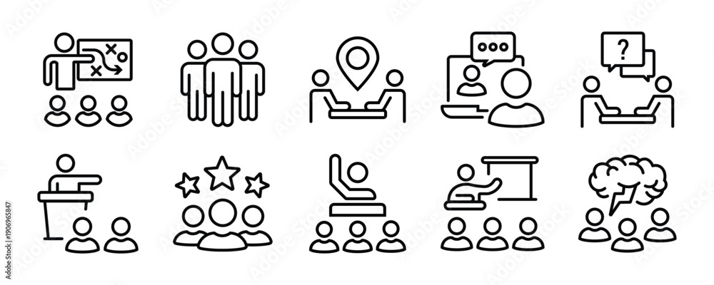 Fototapeta premium Business presentation icon set. Containing seminar, presentation, meeting, whiteboard, conference, business plan and more. Outline Icon Collection. Editable stroke. Vector illustration