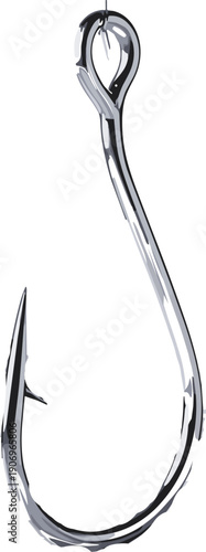 Single sharp silver metal fishing hook for angling bait sport fishing equipment outdoor hobby recreation and professional marine tackle gear, flat vector illustration