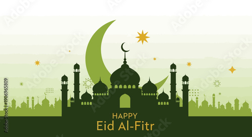 Celebrating Eid Al-Fitr with mosque silhouettes and crescent moon at dusk