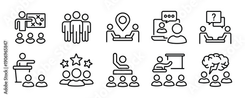 Business presentation icon set. Containing seminar, presentation, meeting, whiteboard, conference, business plan and more. Outline Icon Collection. Editable stroke. Vector illustration