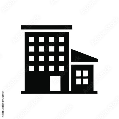 Simple illustration of a building with multiple windows and a small adjacent structure