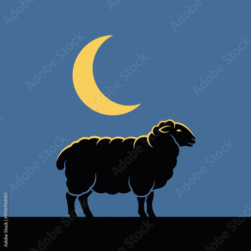 Sheep standing under the crescent moon at night
