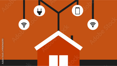 Futuristic smart home technology concept, connected house with IoT icons in flat minimal style, solid colors on white background.
