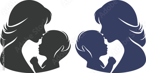 Mother and baby icon set collection with maternity silhouettes, parenting love symbols, pregnancy, childcare, family care moments isolated on white background vector.