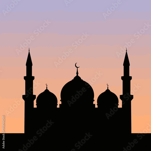 Silhouette of mosque with crescent moon at dusk from a distant viewpoint