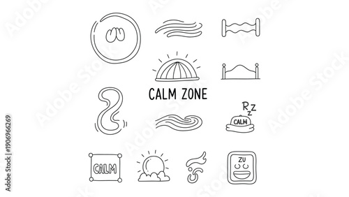 Tranquil Zone Icon Collection: A set of minimalist icons representing serenity and peace, perfect for designs centered around relaxation, meditation, and well-being. 