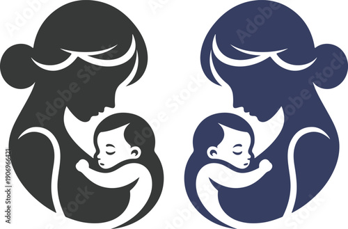 Mother and baby icon set collection with maternity silhouettes, parenting love symbols, pregnancy, childcare, family care moments isolated on white background vector.