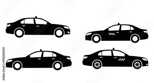 Four Black Silhouette Taxi Cars Side View.