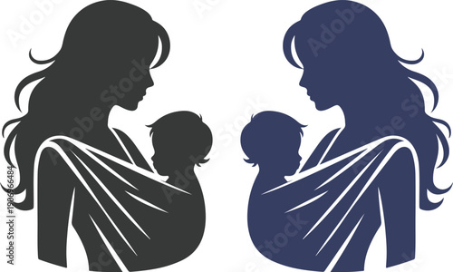 Mother and baby icon set collection with maternity silhouettes, parenting love symbols, pregnancy, childcare, family care moments isolated on white background vector.
