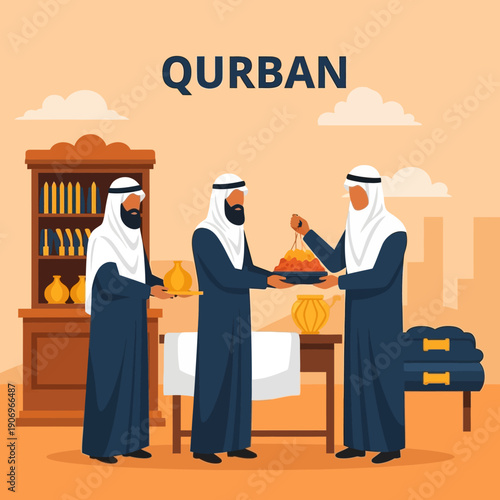 Men exchanging gifts in traditional attire during Qurban celebration indoors with decorative furniture