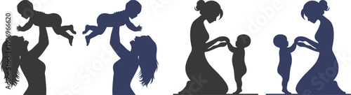 Mother and baby icon set collection with maternity silhouettes, parenting love symbols, pregnancy, childcare, family care moments isolated on white background vector.