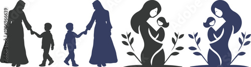 Mother and baby icon set collection with maternity silhouettes, parenting love symbols, pregnancy, childcare, family care moments isolated on white background vector.