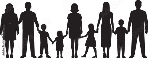 Row of diverse family silhouette groupings showing various sizes of parents and children standing together holding hands across a horizontal white background.