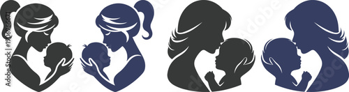 Mother and baby icon set collection with maternity silhouettes, parenting love symbols, pregnancy, childcare, family care moments isolated on white background vector.