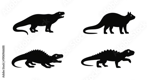Four Dinosaur Silhouettes Isolated on White Background.