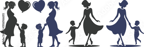 Mother and baby icon set collection with maternity silhouettes, parenting love symbols, pregnancy, childcare, family care moments isolated on white background vector.