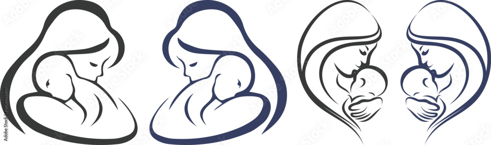 Obraz premium Mother and baby icon set collection with maternity silhouettes, parenting love symbols, pregnancy, childcare, family care moments isolated on white background vector.