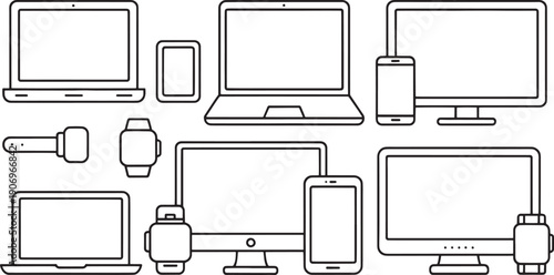 Various electronic gadgets such as different sized monitors, portable computers, cell phones, and wearable smartwatches are presented in a tiled icon set format.