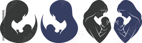 Mother and baby icon set collection with maternity silhouettes, parenting love symbols, pregnancy, childcare, family care moments isolated on white background vector.