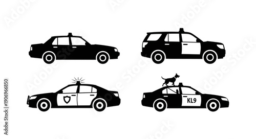 Four Silhouette Police Cars and a Dog on One Car.