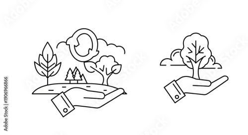 Hands holding trees and recycling symbol representing environmental protection.