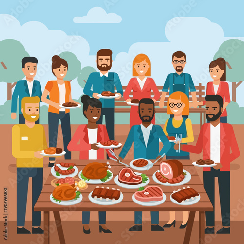 Group of people enjoying a meal together outdoors