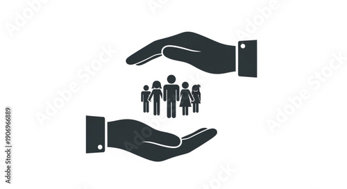 Hands protect family icon symbolizing safety and care.