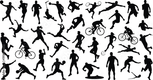 Athletic sports silhouette set, running, cycling, jumping, and ball game icons, active people action vector collection, fitness competition symbols, olympic,