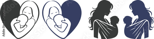 Mother and baby icon set collection with maternity silhouettes, parenting love symbols, pregnancy, childcare, family care moments isolated on white background vector.