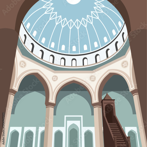 Illustration of grand architecture with arches and staircase inside a majestic building viewed from below